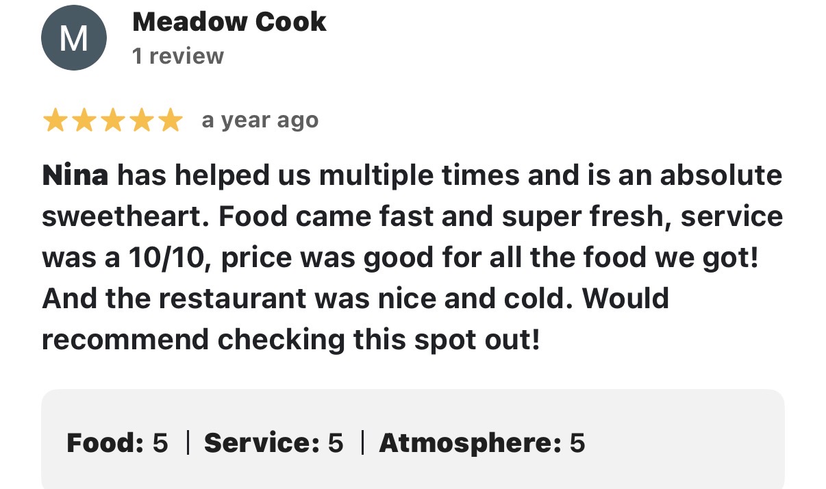 Original historical customer review by Meadow Cook